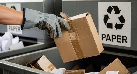 Person recycling cardboard box into paper bin for sustainable waste managementの素材
