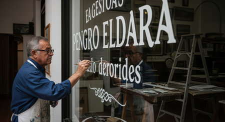 Mature caucasian male painting shop window signage in art studioの素材