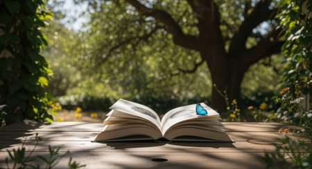 Open book on wooden table in sunlit garden with butterfly and treesの素材