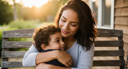 Hispanic female adult hugging child on wooden bench at sunsetの素材
