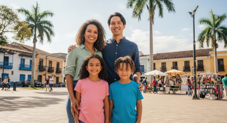 Happy multiracial family enjoying time in sunny town squareの素材