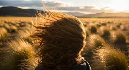 Female observing sunset in desert landscape with windblown hairの素材