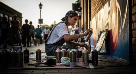 Young female street artist creating vibrant murals with spray paint in urban settingの素材
