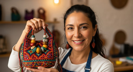 Hispanic female artisan holding colorful handmade bag in workshopの素材