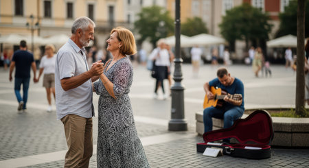Elderly caucasian couple dancing joyfully in city square with musicianの素材