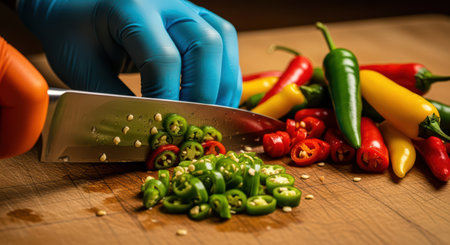 Slicing colorful peppers on wooden cutting board with gloved handsの素材