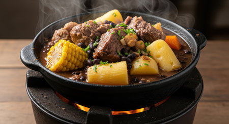 Hearty beef stew with corn and potatoes in black cast iron potの素材