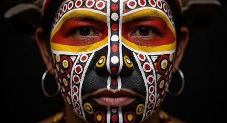 Indigenous female with traditional face paint, vibrant colors and cultural patternsの素材
