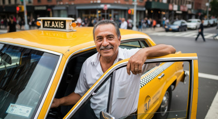 Hispanic male taxi driver smiling in yellow cab on busy city streetの素材