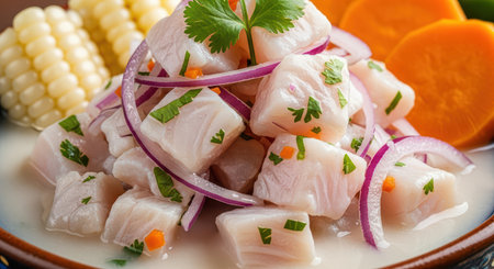Fresh peruvian ceviche with cilantro and red onion garnishの素材