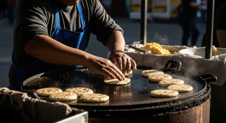 Hispanic male cooking pupusas on outdoor griddle at marketの素材