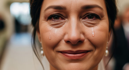 Emotional close-up of smiling mature caucasian woman with tears of joy at eventの素材