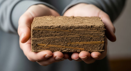 Hands holding compressed earth block with straw fibers for eco-friendly buildingの素材