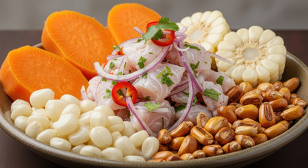 Delicious peruvian ceviche with sweet potato and corn garnishの素材