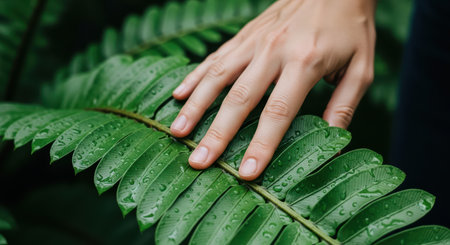 Close-up of hand touching raindrop-covered fern leavesの素材