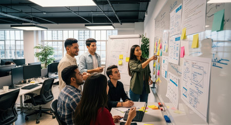 Diverse team collaborating in modern office on project plans and strategiesの素材