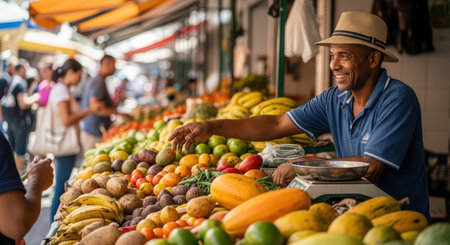 Smiling male vendor selling fresh produce at outdoor marketの素材