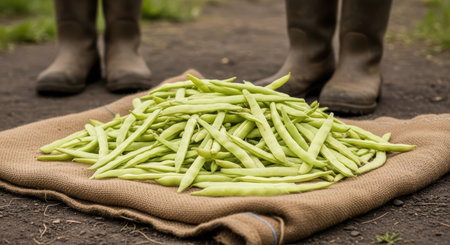Freshly harvested green beans on burlap with farmers in bootsの素材