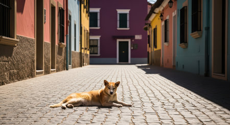 Stray dog relaxing on colorful cobblestone street in vibrant neighborhoodの素材