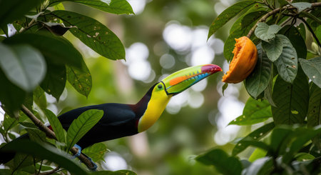 Colorful toucan feeding on tropical fruit in lush greeneryの素材