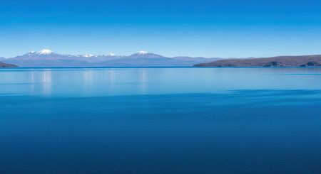 Tranquil blue lake with snow-capped mountain view under clear skyの素材