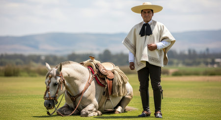 Hispanic adult male in traditional attire with horse in countryside settingの素材