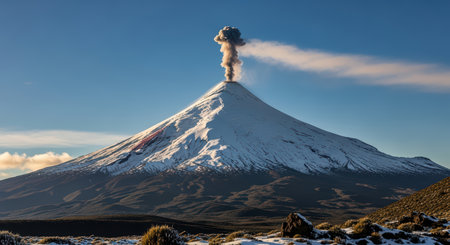 Snow-capped volcano eruption with ash plume in clear blue skyの素材