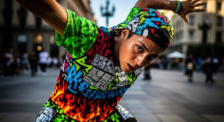 Young hispanic male in vibrant street dance pose in urban settingの素材