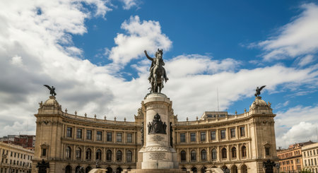 Historic equine statue in front of grand european architectural landmark on cloudy dayの素材
