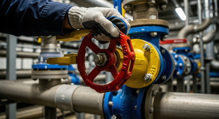 Worker adjusting industrial valve on complex piping system in factory settingの素材