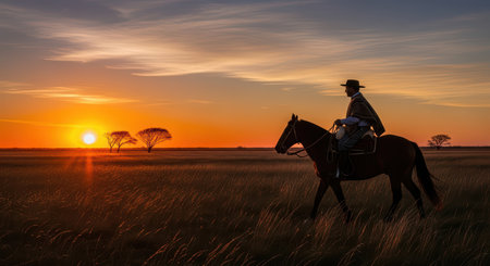 Caucasian male horseback rider at sunset on savanna landscapeの素材