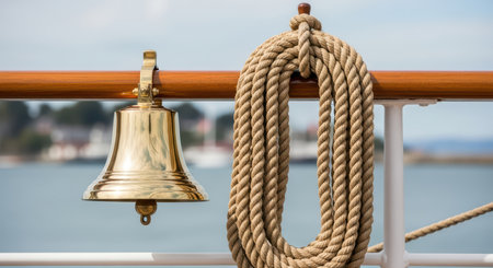 Nautical bell and coiled rope on ship's deck against seascapeの素材