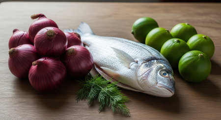 Fresh sea bream with red onions, limes, and dill on wooden surfaceの素材