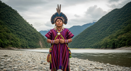 Young indigenous male in traditional attire standing by river with mountain backgroundの素材