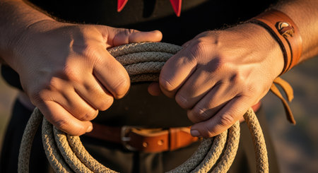 Close-up of male hands holding a coiled rope outdoorsの素材