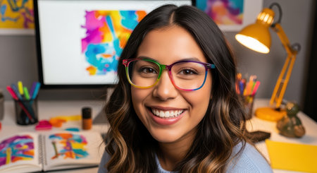 Young asian female artist smiling in creative studio with colorful artworksの素材