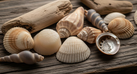 Variety of seashells and driftwood on weathered wooden surfaceの素材