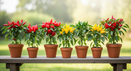 Vibrant rows of red and yellow peppers in terracotta pots on wooden bench outdoorsの素材