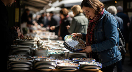 Female shopper browsing handcrafted ceramic plates at outdoor marketの素材