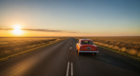 Vintage car on open road at sunset with vast landscapeの素材