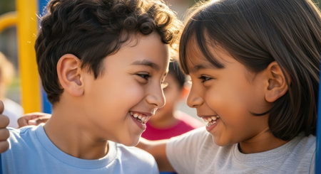 Smiling hispanic children face-to-face outdoors in playful momentの素材