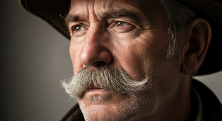 Mature caucasian male with mustache and hat in thoughtful poseの素材