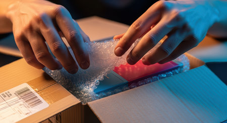 Hands packing gadgets in cardboard box with bubble wrap for safe shippingの素材