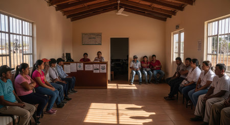 Community meeting in rural health center with diverse hispanic adultsの素材