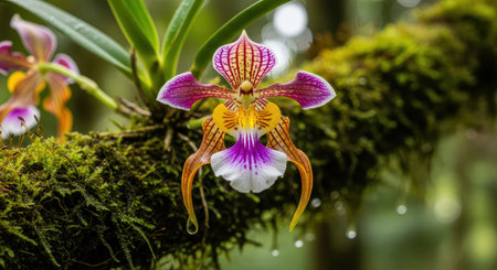 Exotic orchid in lush forest setting with dewy moss-covered branchの素材