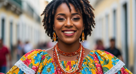 Smiling african female in colorful traditional dress on streetの素材