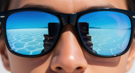 Reflection of salt flats in sunglasses worn by young hispanic femaleの素材