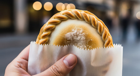 Hand holding freshly baked empanada with decorative crust on city streetの素材