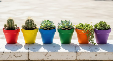 Vibrant succulents and cacti in colorful pots displayed outdoorsの素材