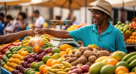 African adult male vendor selling fresh fruits at outdoor marketの素材
